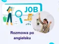Ilustracja przedstawia proces szukania pracy i sukces. Kobieta z lornetką szuka "JOB", a obok niej siedzi szczęśliwa kandydatka po udanej rozmowie kwalifikacyjnej po angielsku.