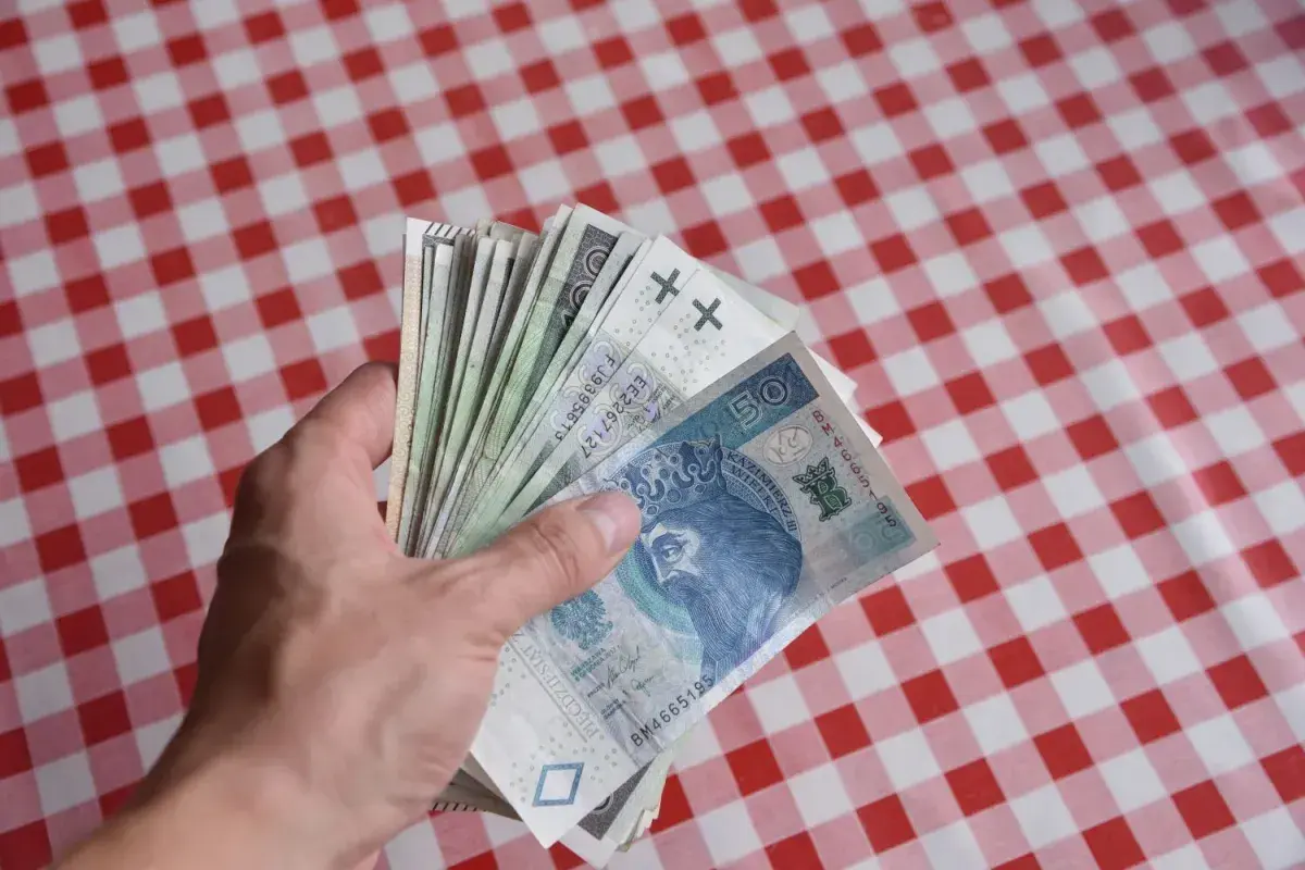 Dłoń trzyma plik polskich banknotów, symbolizujących kiedy dodatkowe pieniądze dla pracowników DPS.