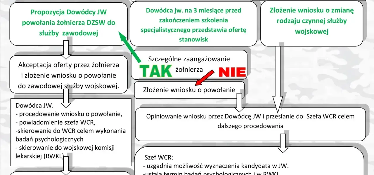 Schemat procesu powołania do zawodowej służby wojskowej. Określa kroki od propozycji dowódcy do akceptacji żołnierza.
