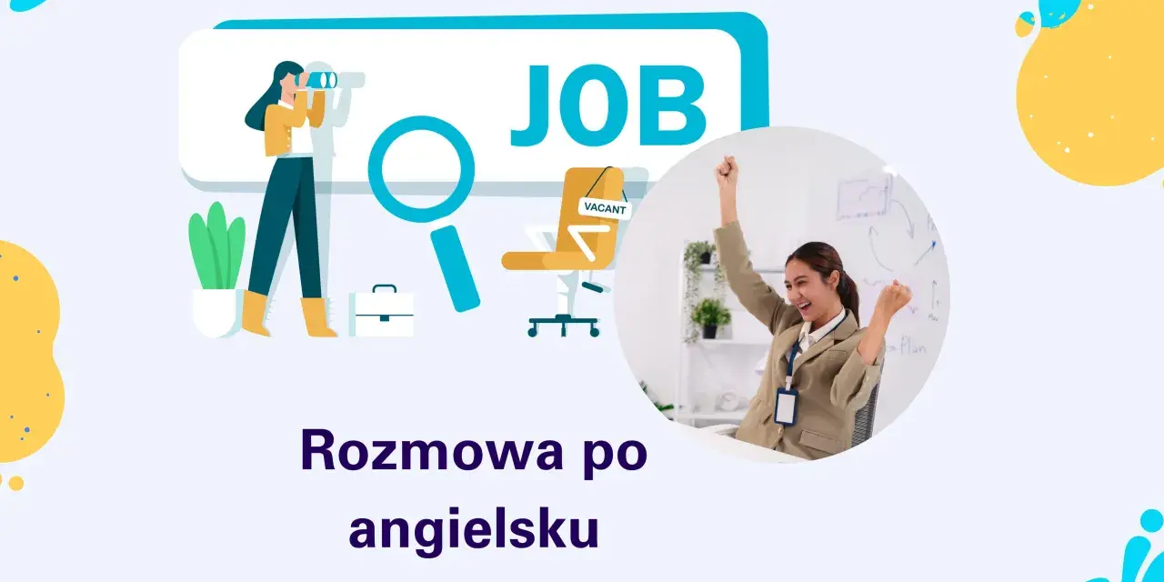 Ilustracja przedstawia proces szukania pracy i sukces. Kobieta z lornetką szuka "JOB", a obok niej siedzi szczęśliwa kandydatka po udanej rozmowie kwalifikacyjnej po angielsku.
