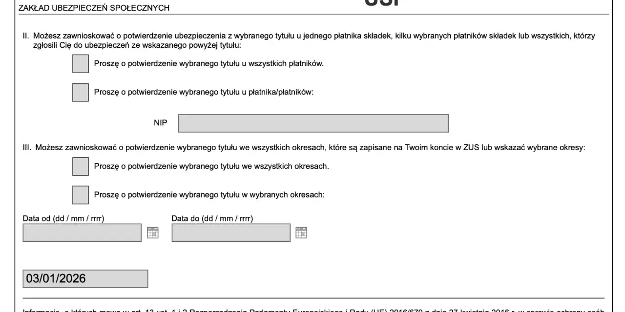 Formularz ZUS. Sekcja "Zakład Ubezpieczeń Społecznych" zawiera pytania o potwierdzenie ubezpieczenia, co może pomóc w odpowiedzi na pytanie "jak sprawdzić czy jestem zatrudniona".