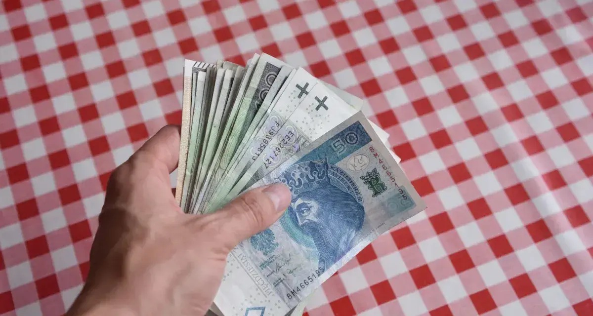 Dłoń trzyma plik polskich banknotów, symbolizujących kiedy dodatkowe pieniądze dla pracowników DPS.