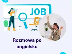 Ilustracja przedstawia proces szukania pracy i sukces. Kobieta z lornetką szuka "JOB", a obok niej siedzi szczęśliwa kandydatka po udanej rozmowie kwalifikacyjnej po angielsku.