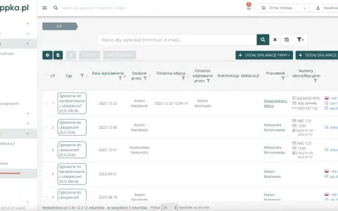 ZUS: lista zgłoszeń do ubezpieczeń i rejestracji. Wyniki rekrutacji pracowników widoczne w tabeli.