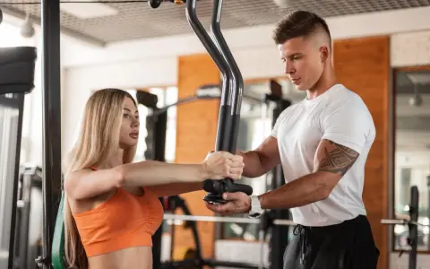Trener personalny pomaga kobiecie ćwiczyć na siłowni. Dowiedz się, jak zdobyć uprawnienia do prowadzenia szkoleń i zostać takim specjalistą.