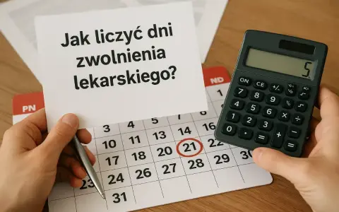 Ręka trzyma kartkę z napisem "Jak liczyć dni zwolnienia lekarskiego?". Obok kalendarz z zaznaczonym dniem 21 i kalkulator.