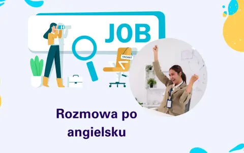 Ilustracja przedstawia proces szukania pracy i sukces. Kobieta z lornetką szuka "JOB", a obok niej siedzi szczęśliwa kandydatka po udanej rozmowie kwalifikacyjnej po angielsku.