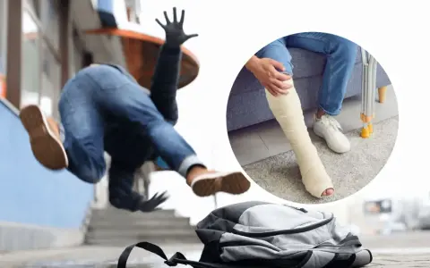 Wypadek w drodze do pracy: osoba spada, a w tle widać nogę w gipsie. Czy czeka Cię wynagrodzenie czy zasiłek?