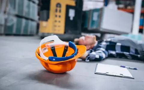Pomarańczowy kask i notatnik leżą obok nieprzytomnego pracownika. To dowód na wypadek przy pracy, który może być podstawą do ubiegania się o świadczenia.