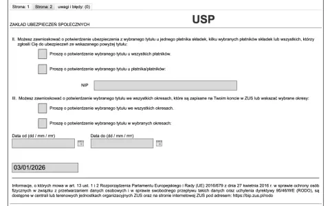 Formularz ZUS. Sekcja "Zakład Ubezpieczeń Społecznych" zawiera pytania o potwierdzenie ubezpieczenia, co może pomóc w odpowiedzi na pytanie "jak sprawdzić czy jestem zatrudniona".