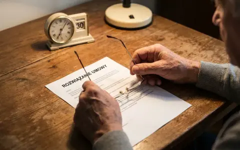 Starszy mężczyzna czyta dokument "Rozwiązanie umowy". Czy po osiągnięciu wieku emerytalnego można zwolnić pracownika? Zegar wskazuje 30. dzień miesiąca.