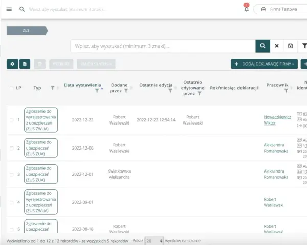 ZUS: lista zgłoszeń do ubezpieczeń i rejestracji. Wyniki rekrutacji pracowników widoczne w tabeli.