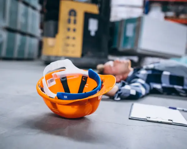 Pomarańczowy kask i notatnik leżą obok nieprzytomnego pracownika. To dowód na wypadek przy pracy, który może być podstawą do ubiegania się o świadczenia.