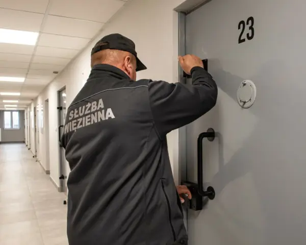 Strażnik więzienny przy drzwiach celi nr 23. Czy pobyt w zakładzie karnym wlicza się do emerytury? To pytanie nurtuje wielu.