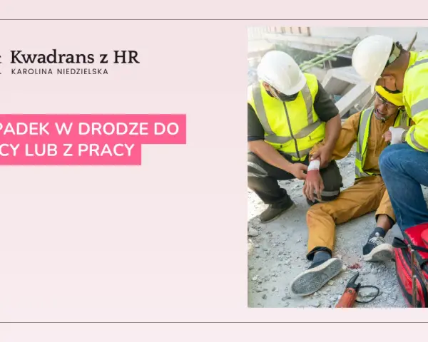 Pomoc medyczna po wypadku przy pracy na zwolnieniu lekarskim. Dwóch pracowników w kamizelkach odblaskowych opatruje ranę na ręce kolegi.