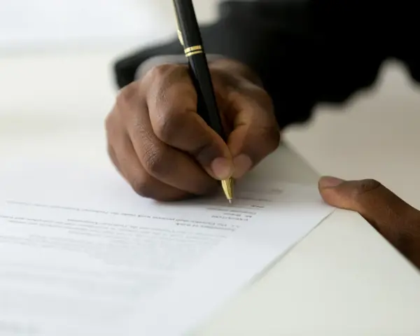 Dłoń podpisuje dokument, być może list motywacyjny do ZUS.