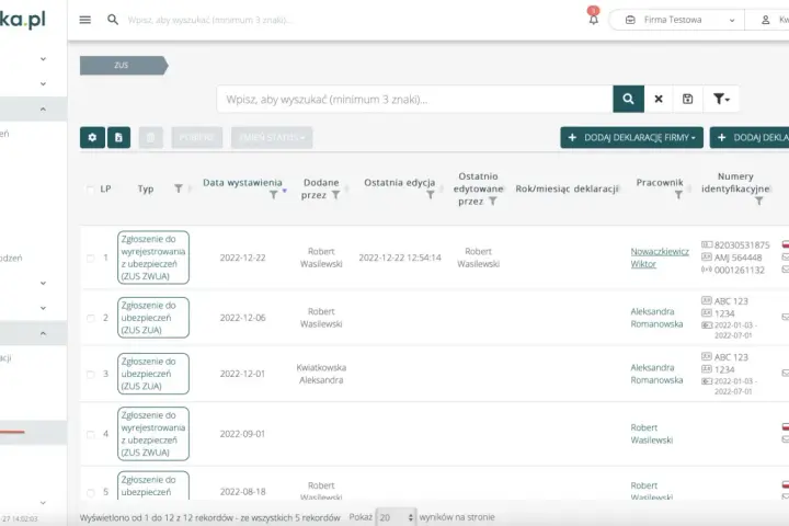 ZUS: lista zgłoszeń do ubezpieczeń i rejestracji. Wyniki rekrutacji pracowników widoczne w tabeli.