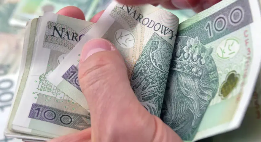 Dłoń trzyma stos polskich banknotów 100 zł. Zastanawiasz się, ile komornik może zabrać z L4?