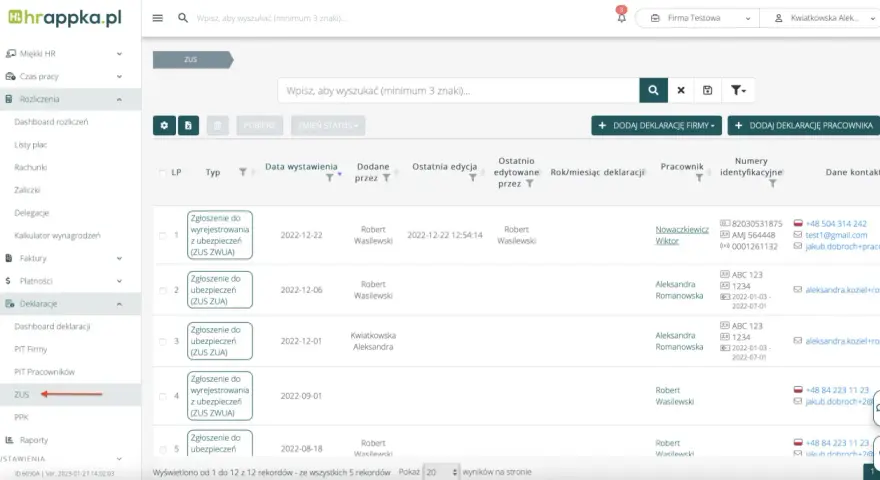 ZUS: lista zgłoszeń do ubezpieczeń i rejestracji. Wyniki rekrutacji pracowników widoczne w tabeli.