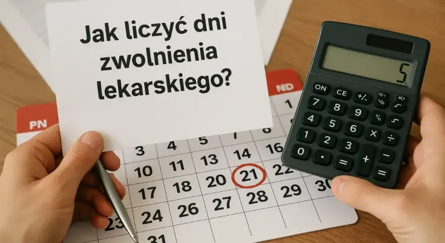 Ręka trzyma kartkę z napisem "Jak liczyć dni zwolnienia lekarskiego?". Obok kalendarz z zaznaczonym dniem 21 i kalkulator.
