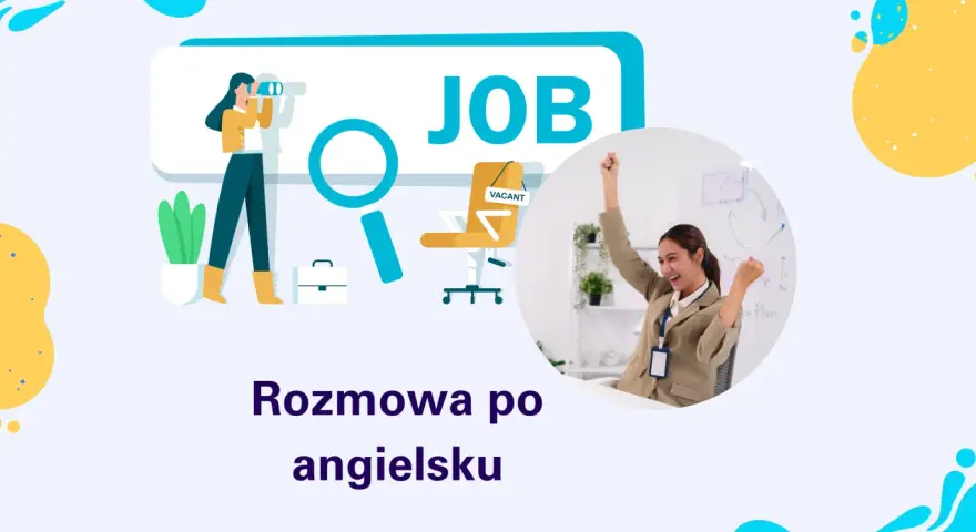Ilustracja przedstawia proces szukania pracy i sukces. Kobieta z lornetką szuka "JOB", a obok niej siedzi szczęśliwa kandydatka po udanej rozmowie kwalifikacyjnej po angielsku.