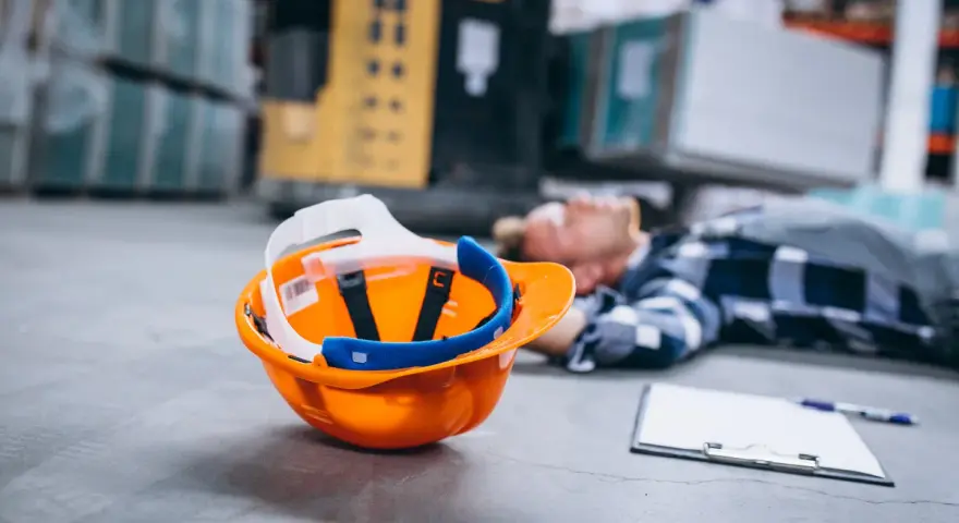 Pomarańczowy kask i notatnik leżą obok nieprzytomnego pracownika. To dowód na wypadek przy pracy, który może być podstawą do ubiegania się o świadczenia.