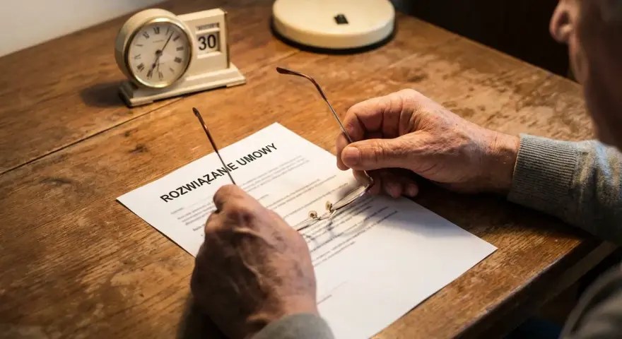 Starszy mężczyzna czyta dokument "Rozwiązanie umowy". Czy po osiągnięciu wieku emerytalnego można zwolnić pracownika? Zegar wskazuje 30. dzień miesiąca.