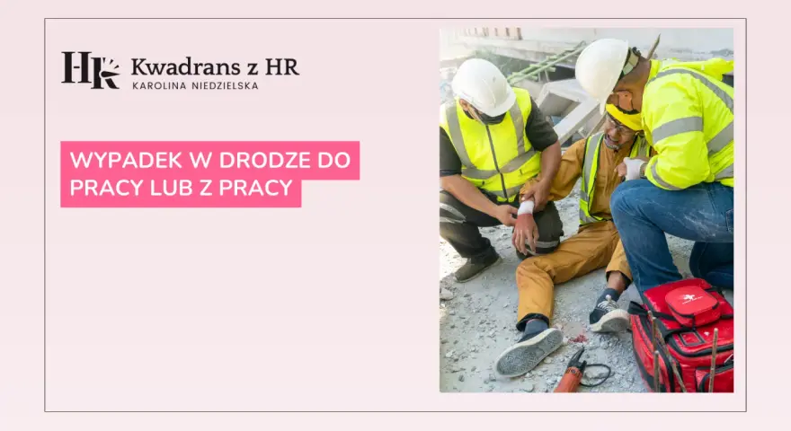 Pomoc medyczna po wypadku przy pracy na zwolnieniu lekarskim. Dwóch pracowników w kamizelkach odblaskowych opatruje ranę na ręce kolegi.