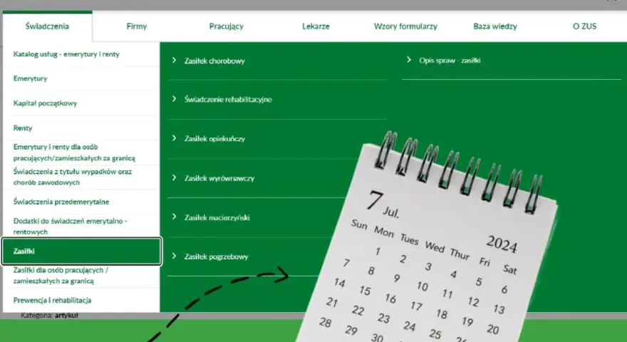 ZUS: termin wypłaty świadczenia rehabilitacyjnego. Kalendarz wskazuje lipiec 2024.