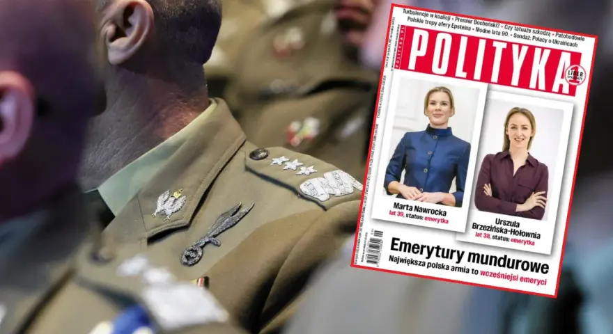 Na okładce "Polityki" pytanie: czy mundurowi płacą ZUS? W tle widać fragment munduru wojskowego.