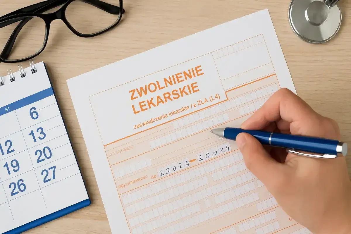 Ręka wypełnia druk ZUS ZLA, obok kalendarz i okulary. Czy sobota i niedziela wlicza się do chorobowego?