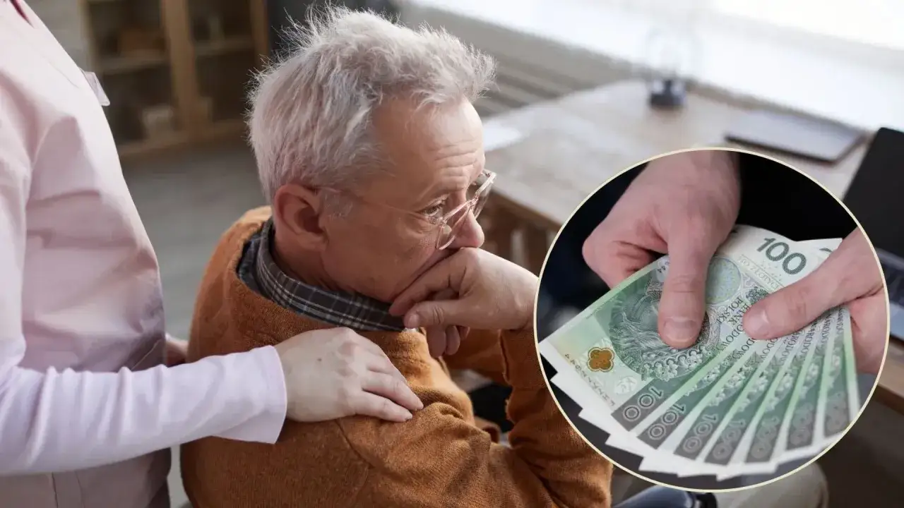 Smutny pracujący emeryt na zwolnieniu lekarskim, któremu ktoś podaje pieniądze.