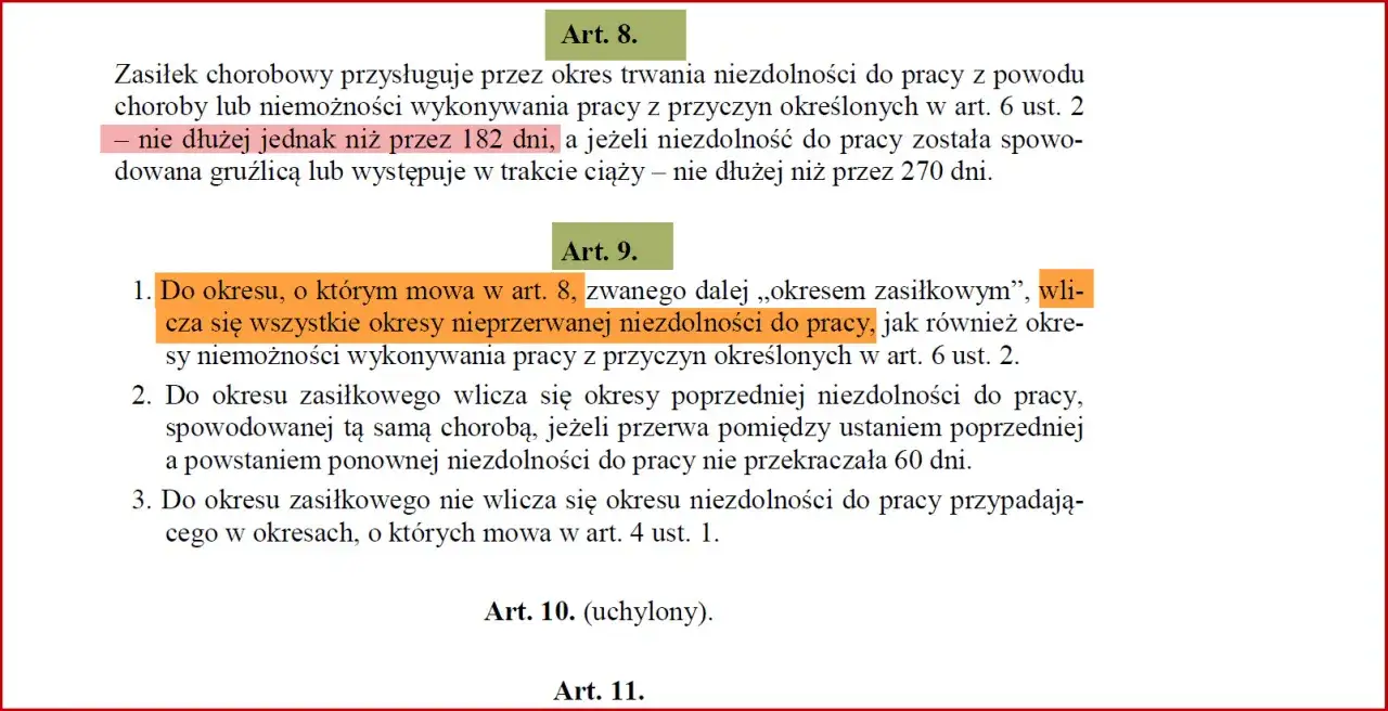 Zwolnienie lekarskie po świadczeniu rehabilitacyjnym a nowy okres zasiłkowy: Art. 9 określa, co wlicza się do okresu zasiłkowego, w tym poprzednie okresy niezdolności do pracy.