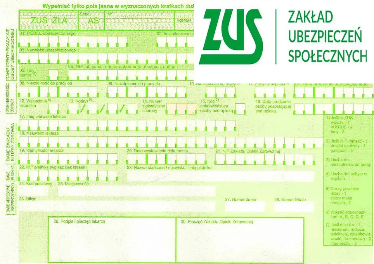 Formularz ZUS ZLA do zgłoszenia niezdolności do pracy, potrzebny do uzyskania zasiłku chorobowego dla przedsiębiorcy.