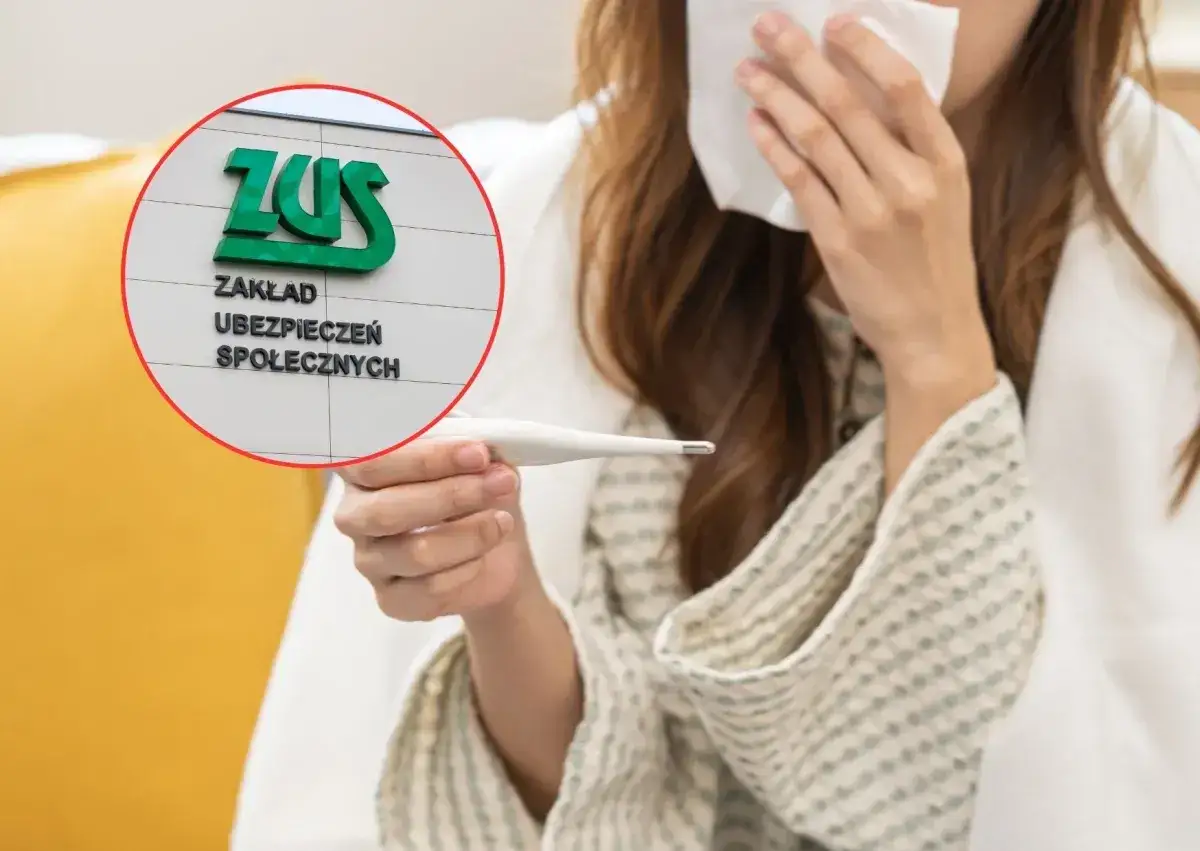 Kobieta z termometrem i chusteczką, w tle logo ZUS. Choroba w okresie wypowiedzenia.