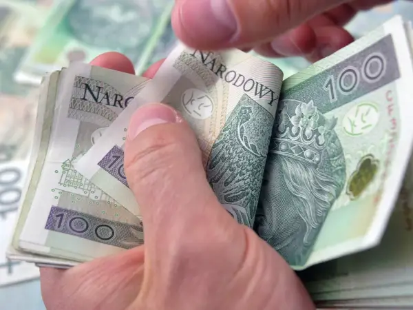 Dłoń trzyma stos polskich banknotów 100 zł. Zastanawiasz się, ile komornik może zabrać z L4?