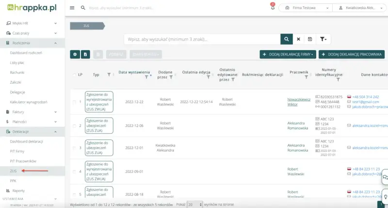 ZUS: lista zgłoszeń do ubezpieczeń i rejestracji. Wyniki rekrutacji pracowników widoczne w tabeli.