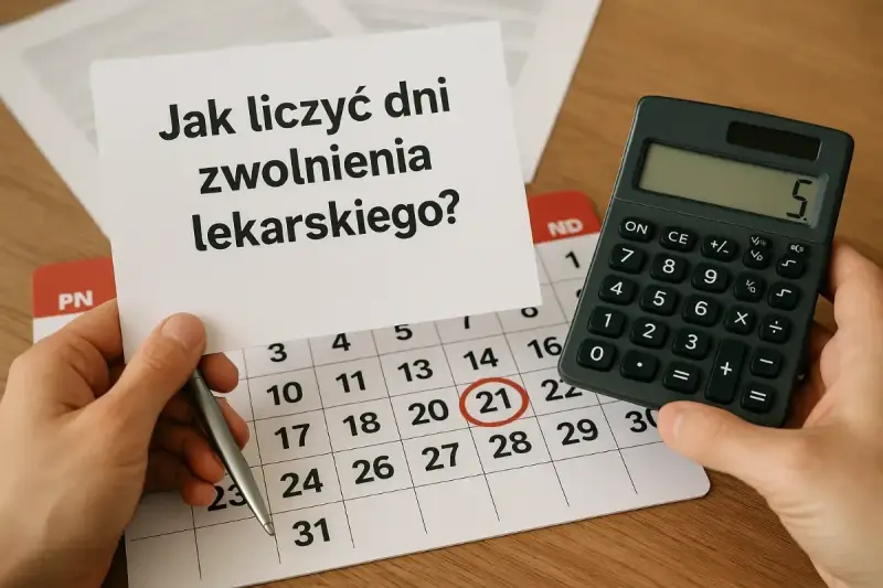 Ręka trzyma kartkę z napisem "Jak liczyć dni zwolnienia lekarskiego?". Obok kalendarz z zaznaczonym dniem 21 i kalkulator.