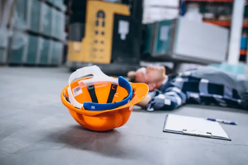 Pomarańczowy kask i notatnik leżą obok nieprzytomnego pracownika. To dowód na wypadek przy pracy, który może być podstawą do ubiegania się o świadczenia.